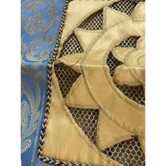 VTG Lebanese Aghabani Tablecloth Overlay Blue Gold Mesh Net Appliqué Tassels - Picture 3 of 11